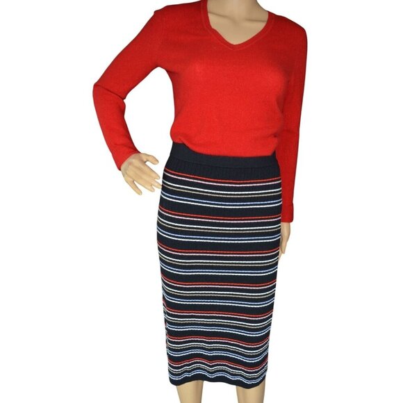Ann Taylor Dresses & Skirts - NWT Ann Taylor Striped Knit Sweater Pencil Skirt Womens Size M Preppy Black Red